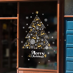 Golden reindeer and white snowflake Christmas tree glass sticker with Merry Christmas text