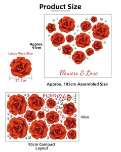 Detail showing red rose wall sticker dimensions and layout for bedroom decor