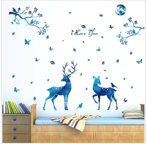 Nordic Style Starry Blue Deer Wall Stickers PVC Removable Starry Sky Reindeer Moon Pattern Wall Decal For Living Room Bedroom