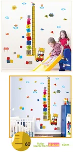 Detailed cartoon construction vehicle height chart sticker showing 60cm to 180cm scale