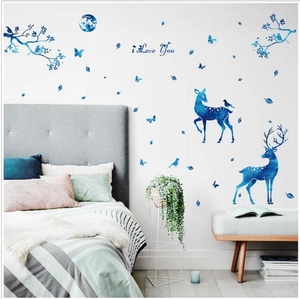 Blue starlight deer wall decal with moon and birds for modern living room decor
