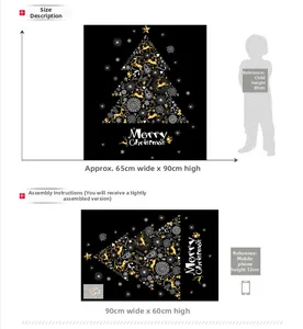Detailed dimensions of gold Christmas wall stickers with reindeer and snowflake patterns