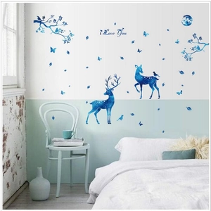 Blue watercolor forest deer wall stickers with moon and birds for modern home decor
