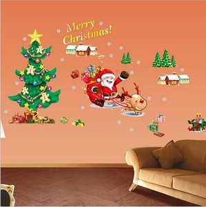 Christmas wall stickers set with Santa on sleigh, decorated tree, and Merry Christmas text