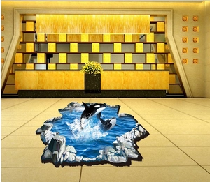 Detailed 3D floor sticker showing killer whales jumping from water with realistic waves