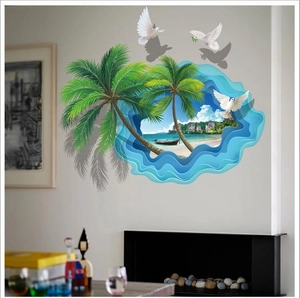 3D beach palm tree wall sticker with ocean view and wooden boat for living room decor