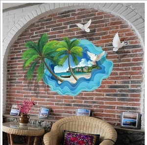 3D beach scenery wall sticker with coconut trees and ocean view in a brick interior