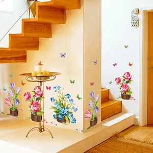 Removable PVC Flower Potted Plant Wall Stickers Floral Peony Crocus Butterfly DIY Decor For Living Room Bedroom Entrance