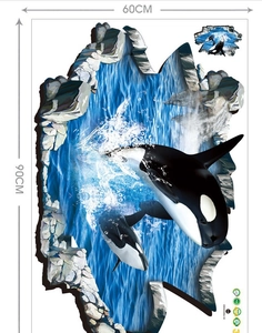 Detailed 60x90cm 3D dolphin floor sticker with ocean view and PVC certification marks