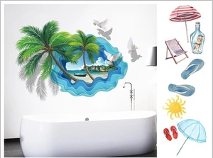 3D beach palm tree wall decals set with sea view for bathroom and bedroom decoration