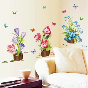 Floral wall stickers with potted tulips, peonies and butterflies for living room decor