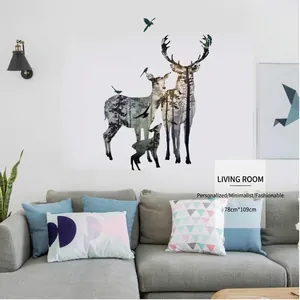 Nordic Elk Reindeer Forest Silhouette Wall Sticker PVC Waterproof Tree Bird DIY Wall Decal For Living Room Bedroom TV Background