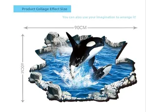 Detailed 3D self-adhesive floor sticker dimensions featuring orca whales and sea 90x60cm