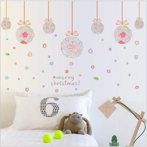 Colorful hand-drawn Christmas ball wall stickers with Merry Christmas text for home decor
