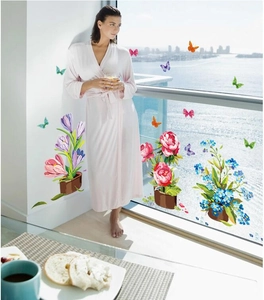 Floral potted plant wall decals with colorful 3D butterflies for home living room decor