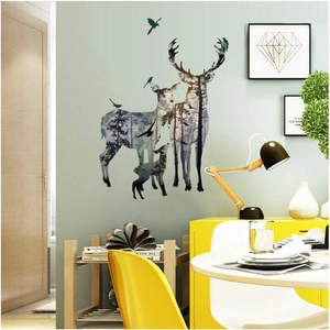 Modern Nordic forest deer silhouette wall stickers featuring a double exposure design