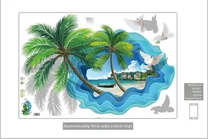 Detail showing 3D tropical beach wall sticker with palm trees and size dimensions of 90x60cm