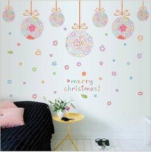 Colorful Christmas ball wall stickers with stars and Merry Christmas text for home decor