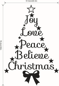 Detail van de Merry Christmas boom muursticker met afmetingen 51,6x76,4cm