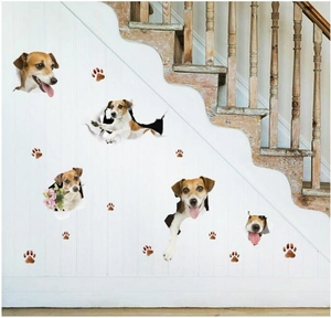 3D Jack Russell Terrier wall stickers with realistic paw prints and crack effect