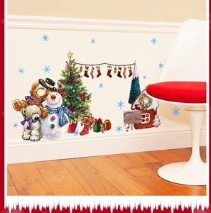 Detailed watercolor Christmas wall stickers featuring snowman and gingerbread house on white wall