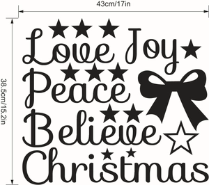 Gedetailleerde afmetingen van kerstmuursticker met Love Joy Peace Believe belettering