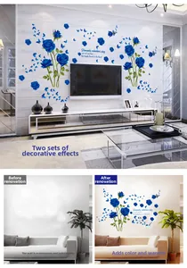 Detail view of blue rose and butterfly wall stickers with living room decor comparison