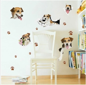 3D Jack Russell Terrier wall decals with cute puppy faces and paw print stickers for home
