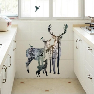 Nordic forest elk deer wall decal set with flying birds for kitchen tile decoration