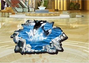 3D ocean self-adhesive floor sticker with orca whales jumping from cracked blue sea waves