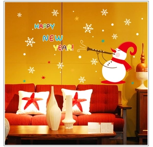 Christmas snowman wall sticker with Happy New Year text and snowflakes for window decoration
