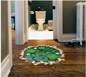 Detail of 3D floor sticker showing koi pond with lotus flowers and water ripples