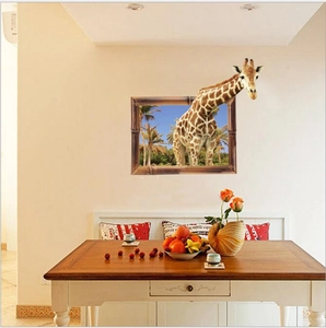 Modern 3D giraffe wall sticker peering through a window for home living room decor