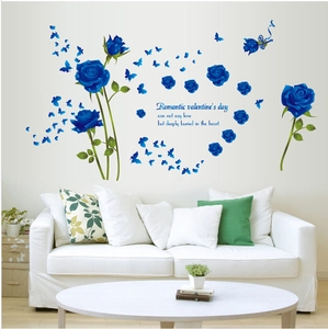 Macro detail of blue rose wall decals with butterflies for romantic home decor