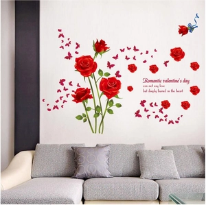 Adesivi murali rose rosse romantiche con farfalle per decorazioni da camera