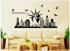 Luminous New York skyline wall decal with Statue of Liberty and birds for home decor