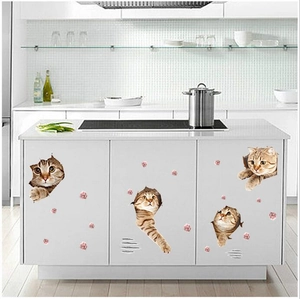 3D cat wall stickers set with cute paws and scratch marks for kitchen cabinet decor