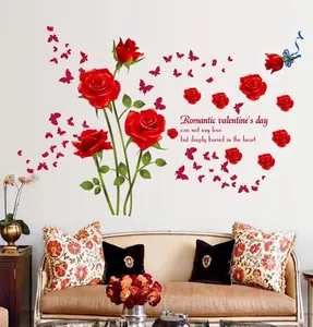 Adesivi murali rose rosse romantiche con farfalle per soggiorno e camera da letto