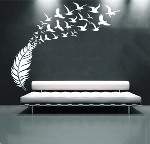 Creative white feather and flying birds wall decal for modern living room decor