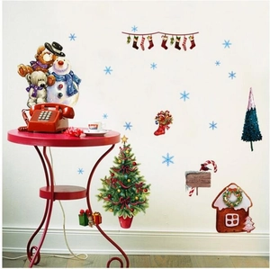 Christmas wall stickers set with snowman, teddy bear, and tree for holiday home decor