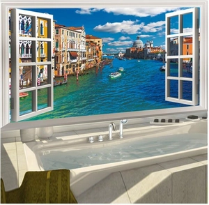 3D window wall sticker featuring Venice Canal and Cathedral landscape for bathroom decor