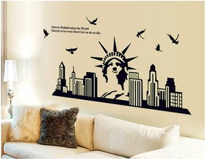 Detailed wall sticker featuring Statue of Liberty silhouette and urban skyline decor