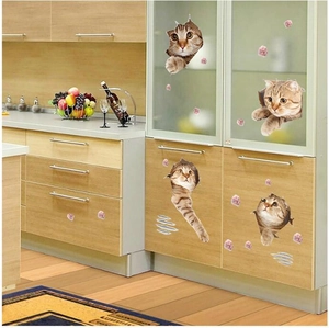 3D cat wall stickers for cabinets with realistic tabby cat patterns and paw prints