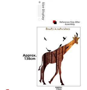 Detail of giraffe wall decal with forest silhouette and dimensions of 138cm by 110cm