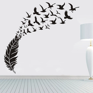 Creative black feather and flying birds wall sticker for modern living room decor