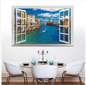 3D realistic window wall sticker featuring a Venice canal view on a modern white dining wall