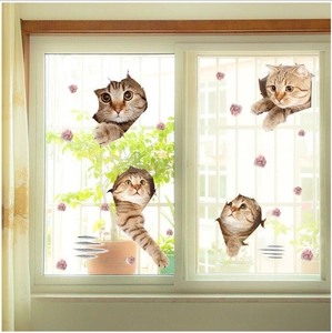 3D cat wall decals set featuring four realistic kittens breaking through a glass window