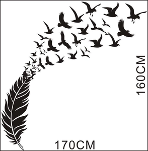 Black creative feather and flying birds wall sticker, 170x160cm large home decor decal