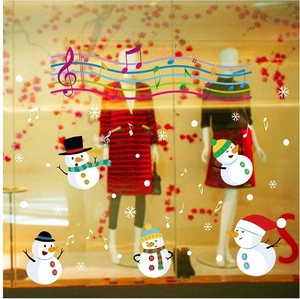 Christmas snowman window stickers with musical notes and snowflakes for shop glass decor