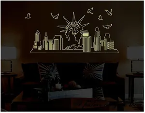 Luminous wall sticker featuring New York City skyline and Statue of Liberty at night